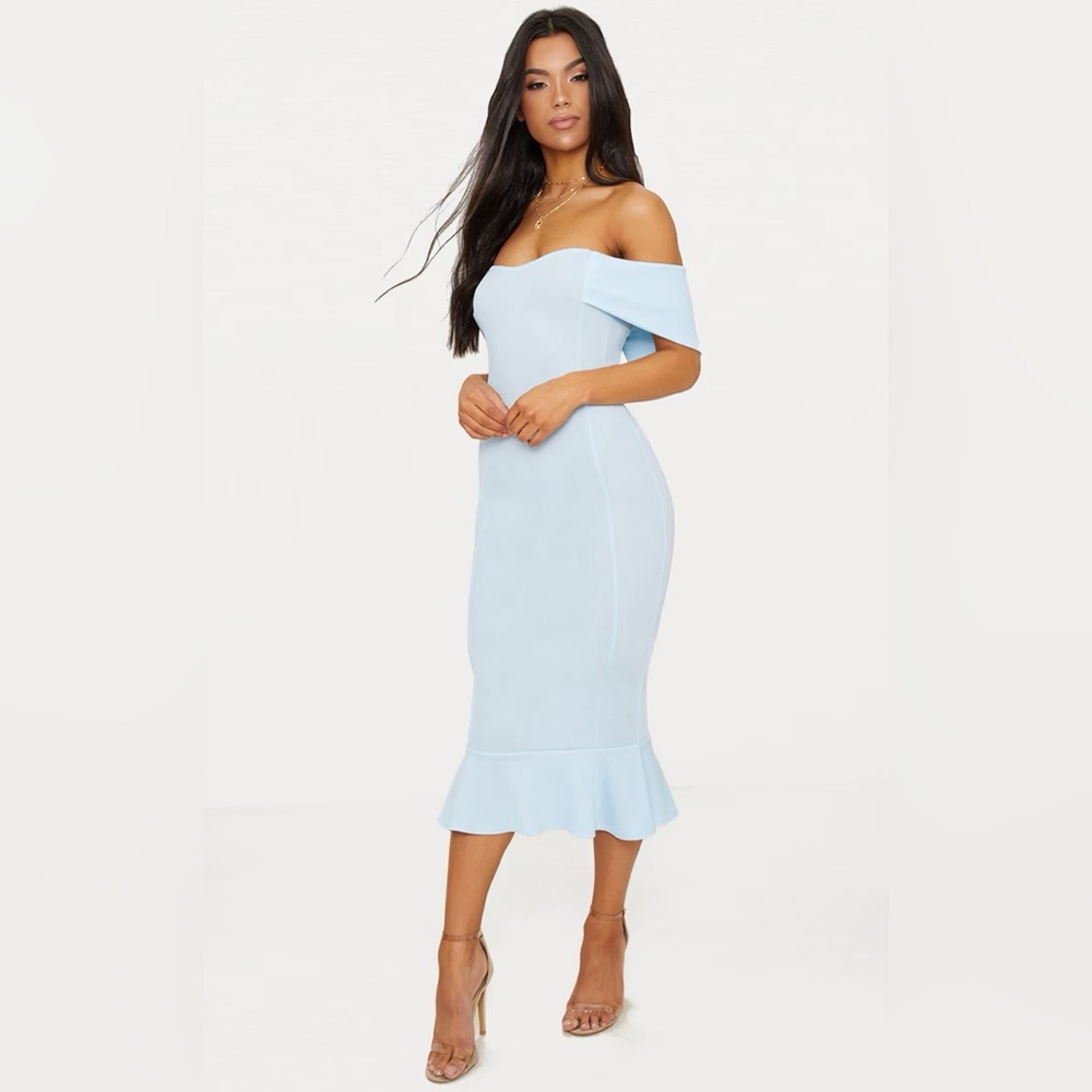 PrettyLittleThing Light Blue Off-Shoulder Midi Dress